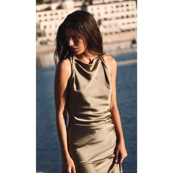 Zara Olive Green Satin Maxi Dress - Picture 3 of 13